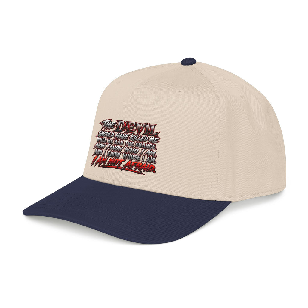 Devil Quote Baseball Cap — Graphic Mid-Profile Hat with Distressed Red Text