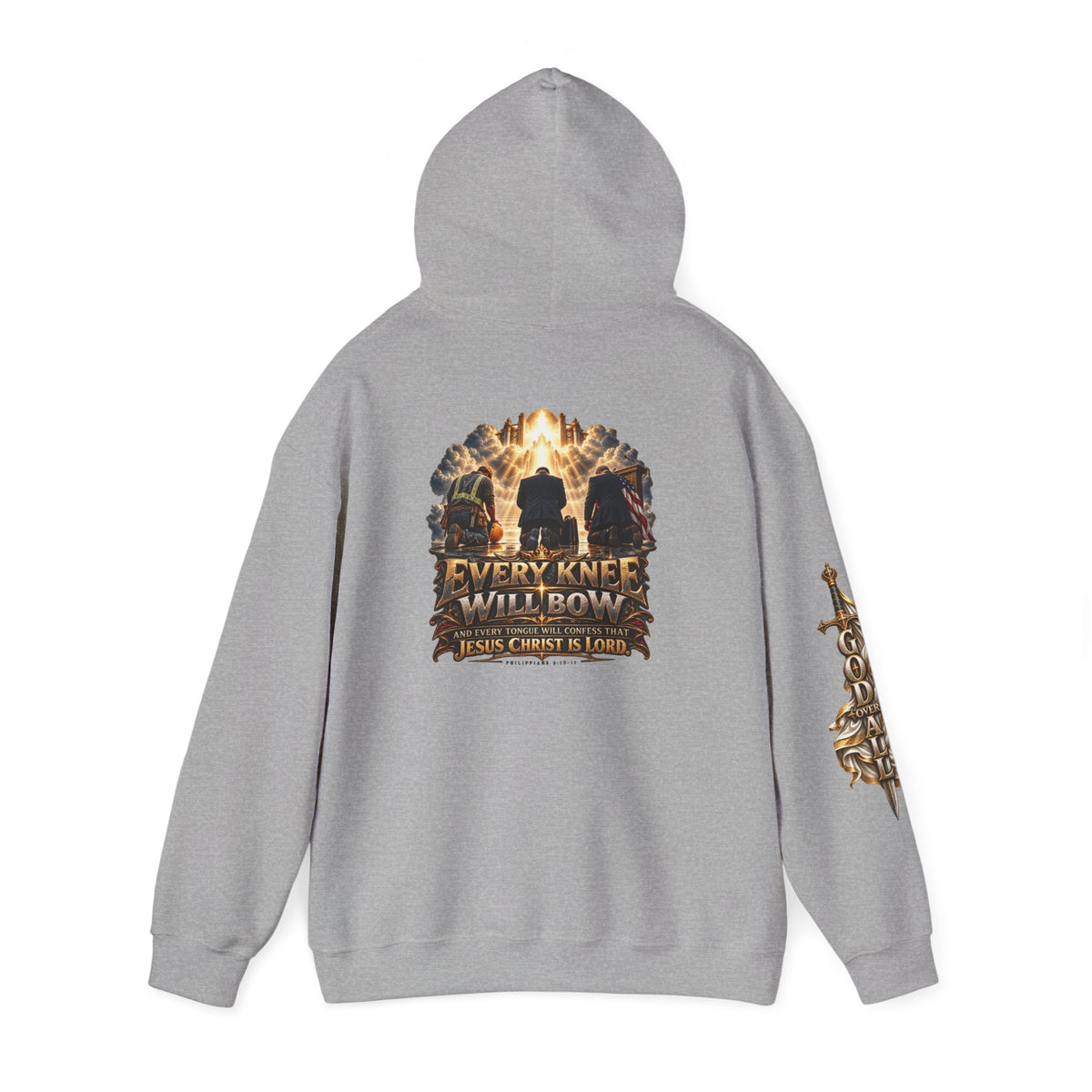Religious Hoodie — “Every Knee Will Bow / One God, One Salvation” Christian Pullover