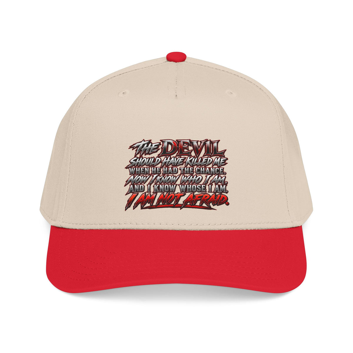 Devil Quote Baseball Cap — Graphic Mid-Profile Hat with Distressed Red Text