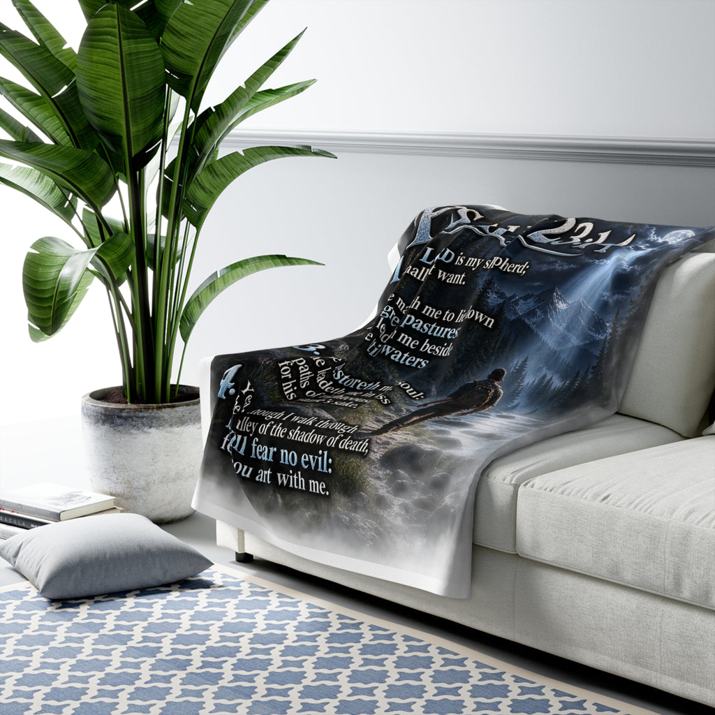 Psalm 23:1–4 Sherpa Fleece Blanket – Moonlit Shepherd Scripture Design