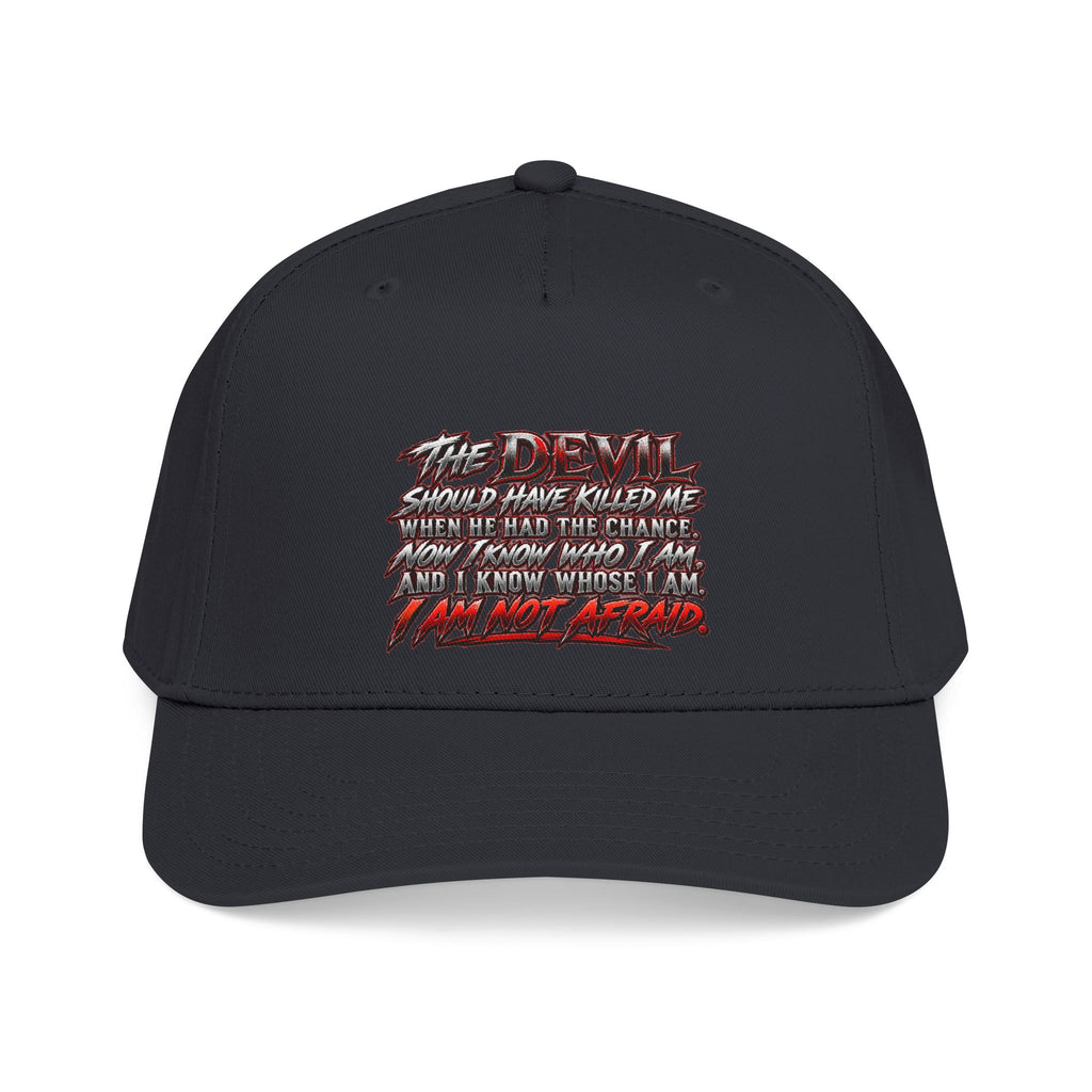 Devil Quote Baseball Cap — Graphic Mid-Profile Hat with Distressed Red Text
