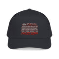 Devil Quote Baseball Cap — Graphic Mid-Profile Hat with Distressed Red Text