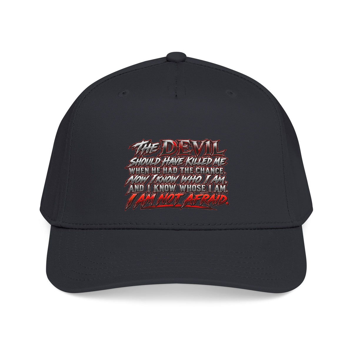 Devil Quote Baseball Cap — Graphic Mid-Profile Hat with Distressed Red Text