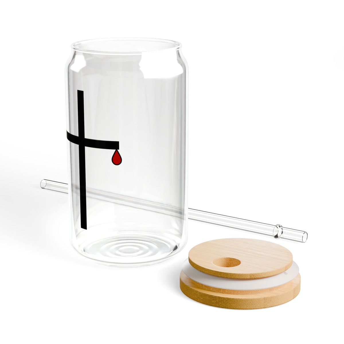 Minimalist Black Cross with Red Teardrop Sipper Glass