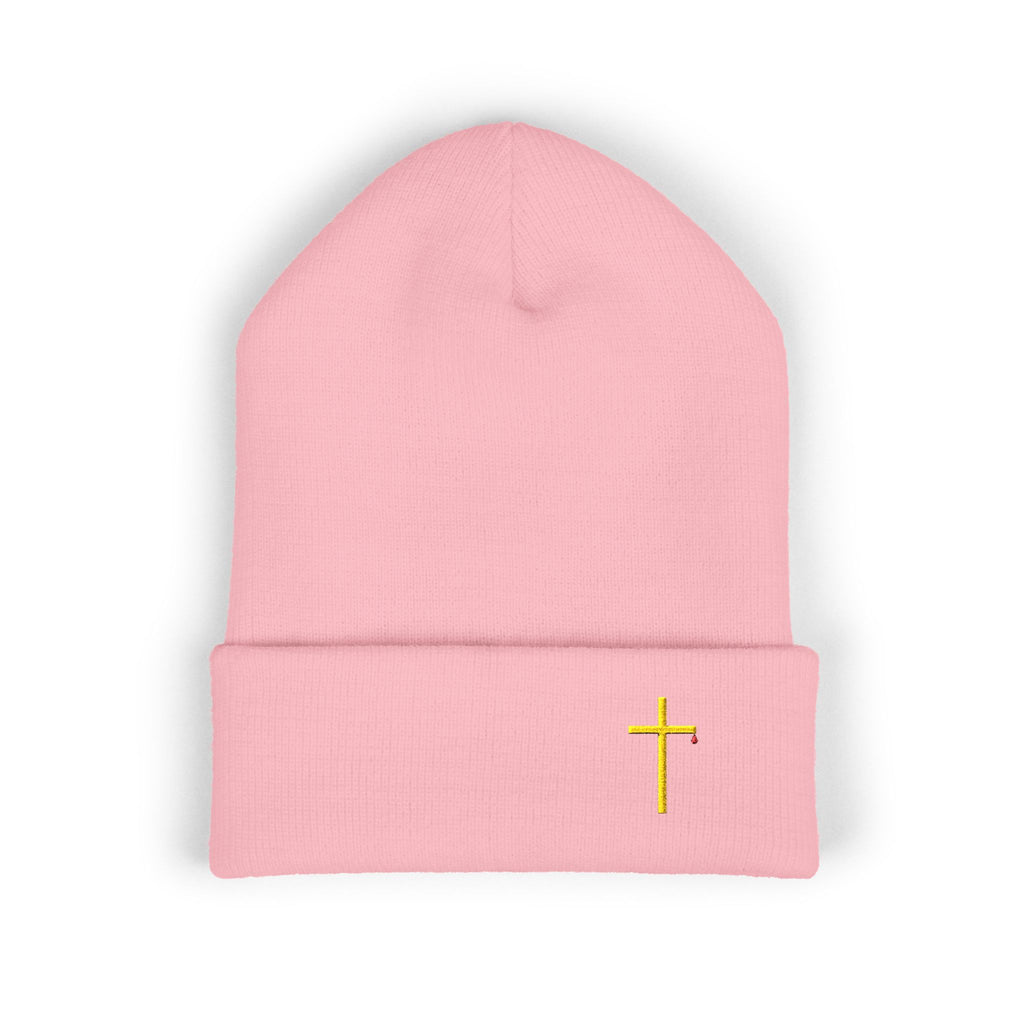 Embroidered Gold Cross Cuffed Beanie — Minimal Faith Winter Hat