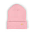 Embroidered Gold Cross Cuffed Beanie — Minimal Faith Winter Hat