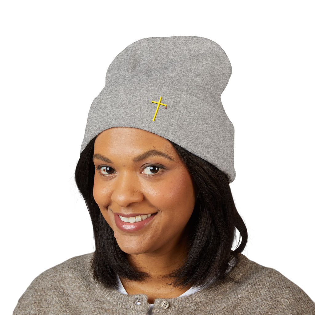Embroidered Gold Cross Cuffed Beanie — Minimal Faith Winter Hat