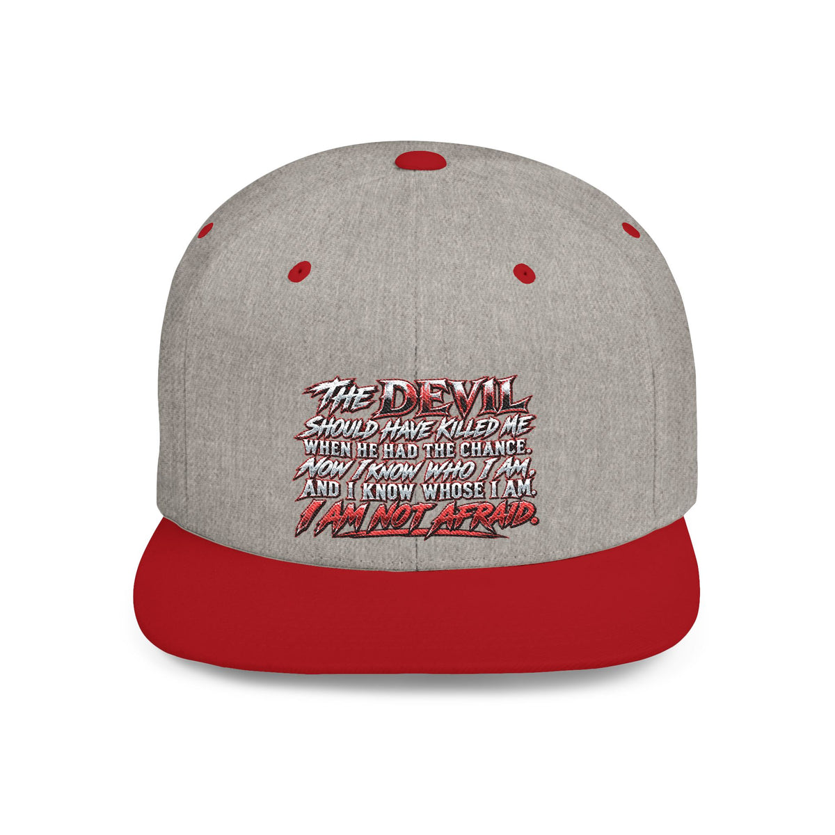 Flat Bill Snapback Hat — White Graphic 'The Devil' Script Streetwear Cap