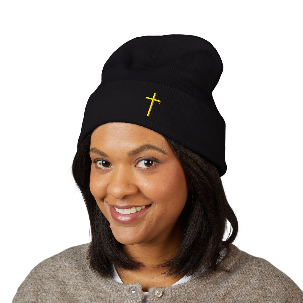 Embroidered Gold Cross Cuffed Beanie — Minimal Faith Winter Hat