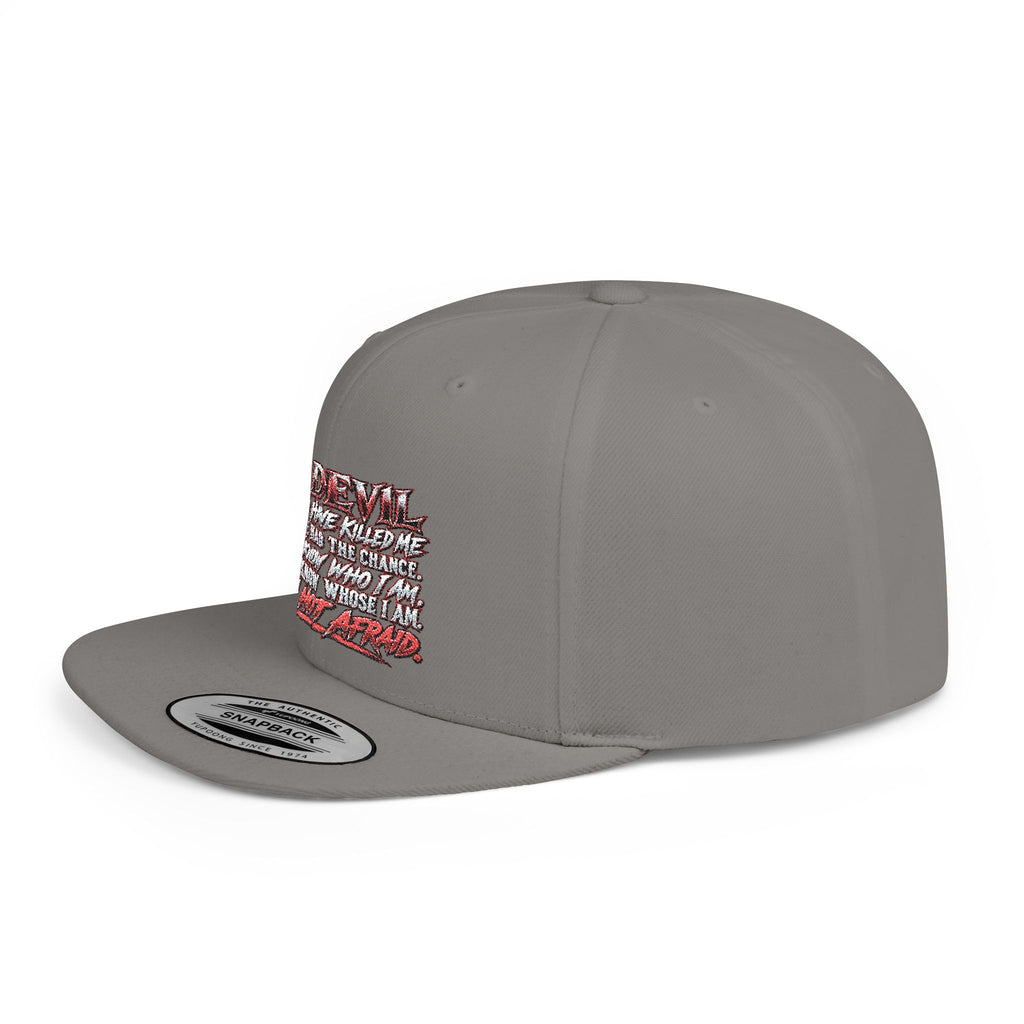 Flat Bill Snapback Hat — White Graphic 'The Devil' Script Streetwear Cap