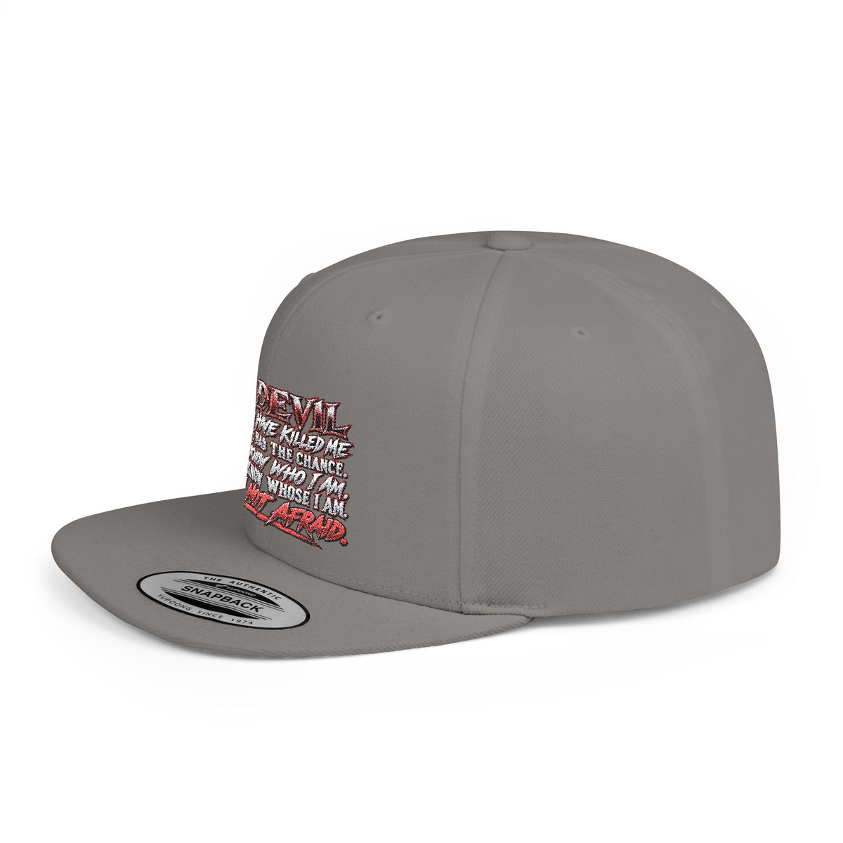 Flat Bill Snapback Hat — White Graphic 'The Devil' Script Streetwear Cap