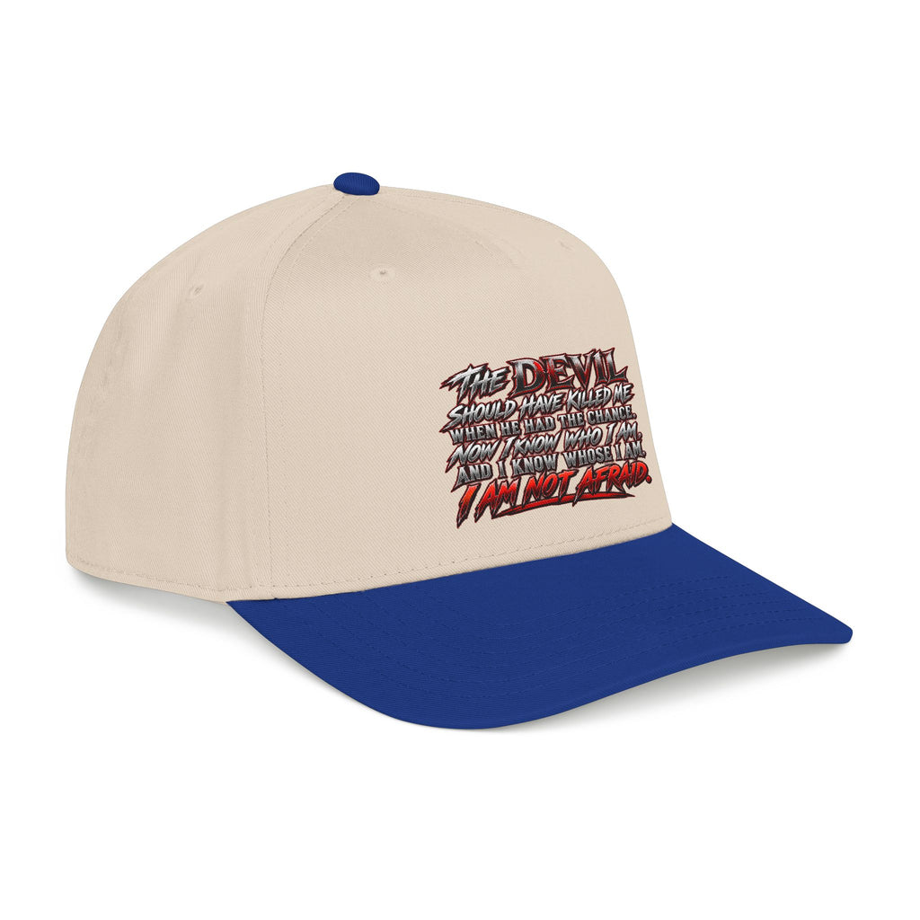 Devil Quote Baseball Cap — Graphic Mid-Profile Hat with Distressed Red Text