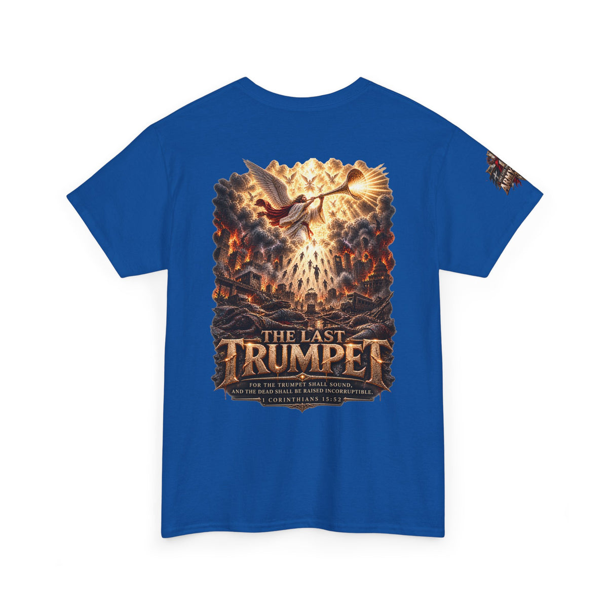 The Last Trumpet Christian T-Shirt — Chest Cross and Sleeve Patch