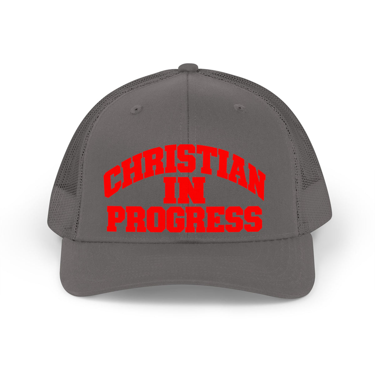 Christian In Progress Trucker Hat — Retro Faith Mesh Cap