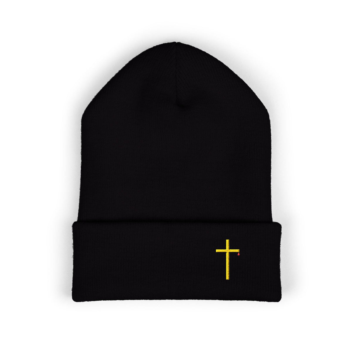 Embroidered Gold Cross Cuffed Beanie — Minimal Faith Winter Hat
