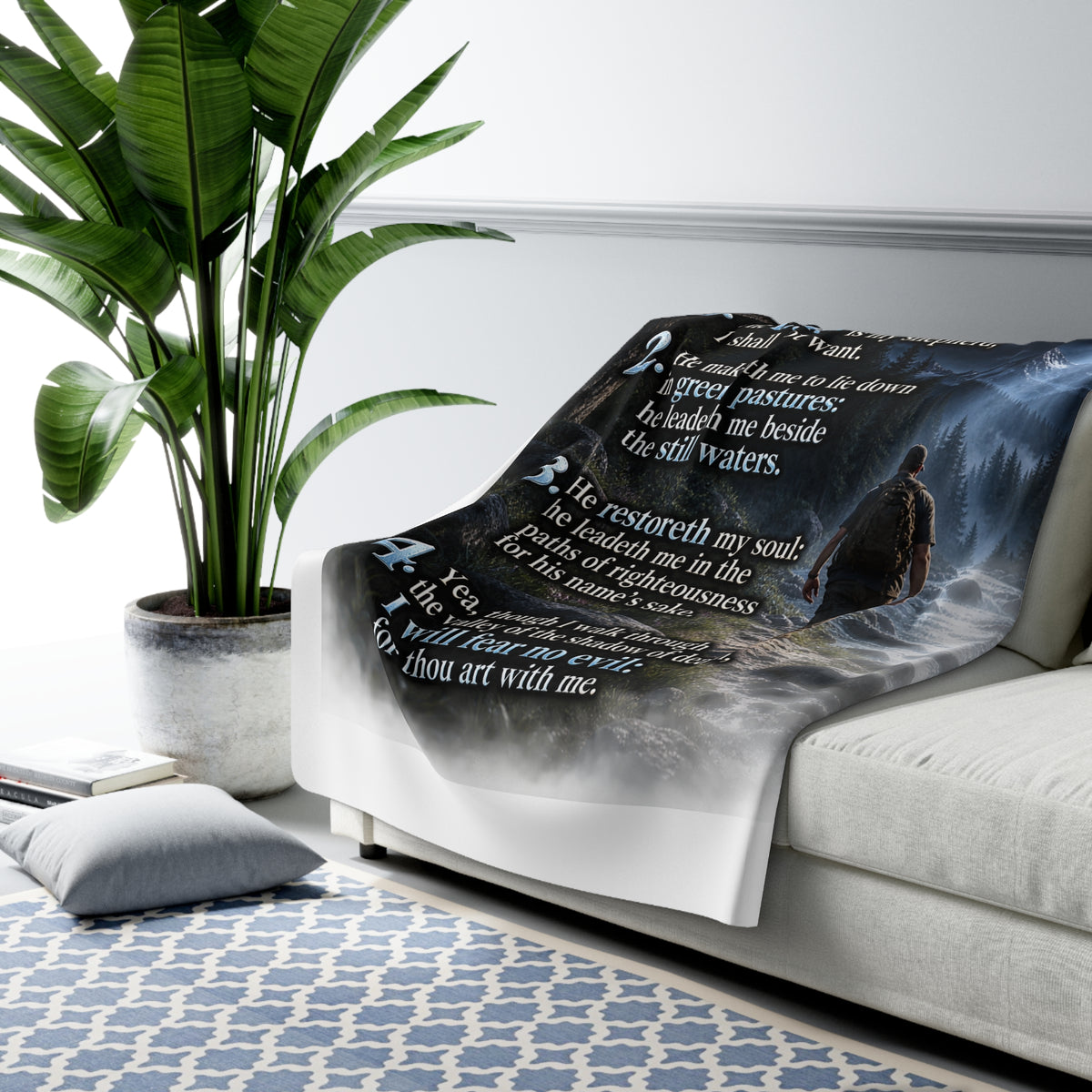 Psalm 23:1–4 Sherpa Fleece Blanket – Moonlit Shepherd Scripture Design