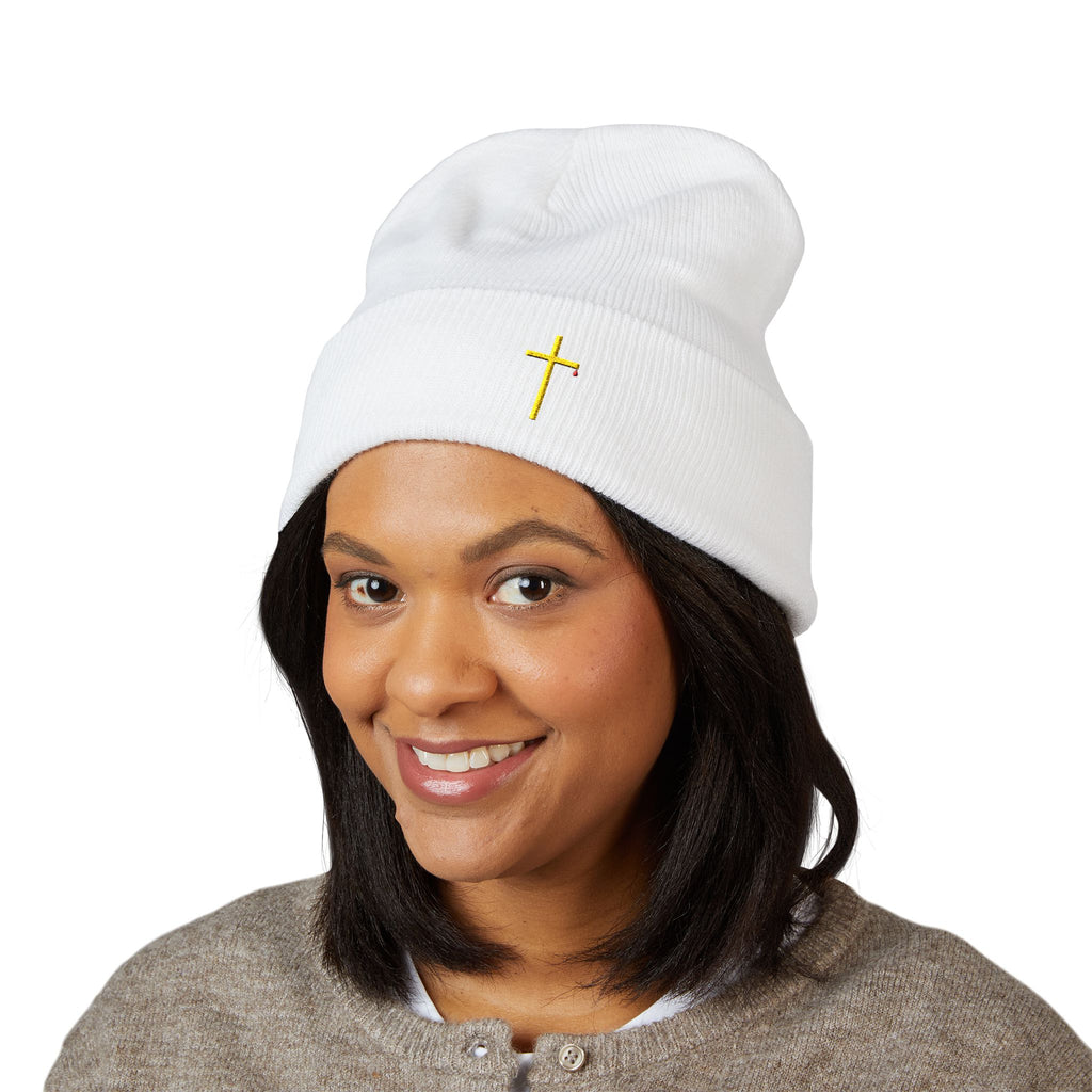Embroidered Gold Cross Cuffed Beanie — Minimal Faith Winter Hat