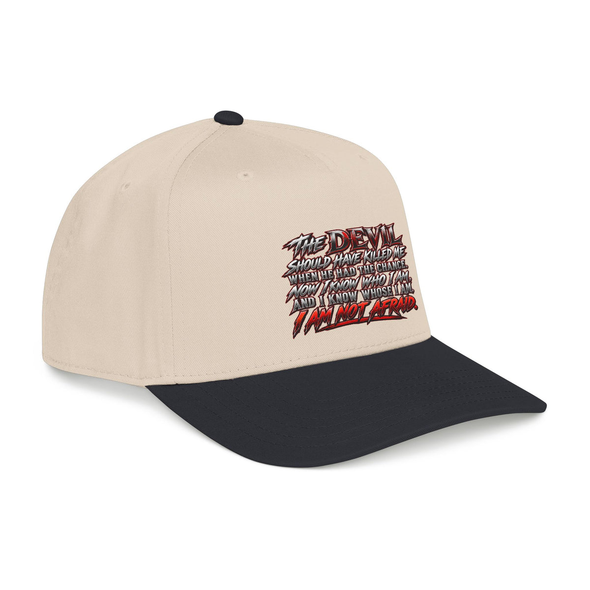 Devil Quote Baseball Cap — Graphic Mid-Profile Hat with Distressed Red Text