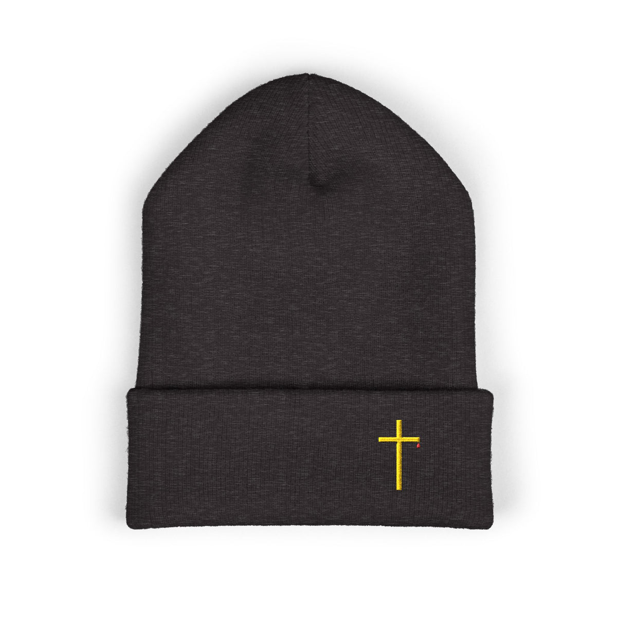 Embroidered Gold Cross Cuffed Beanie — Minimal Faith Winter Hat