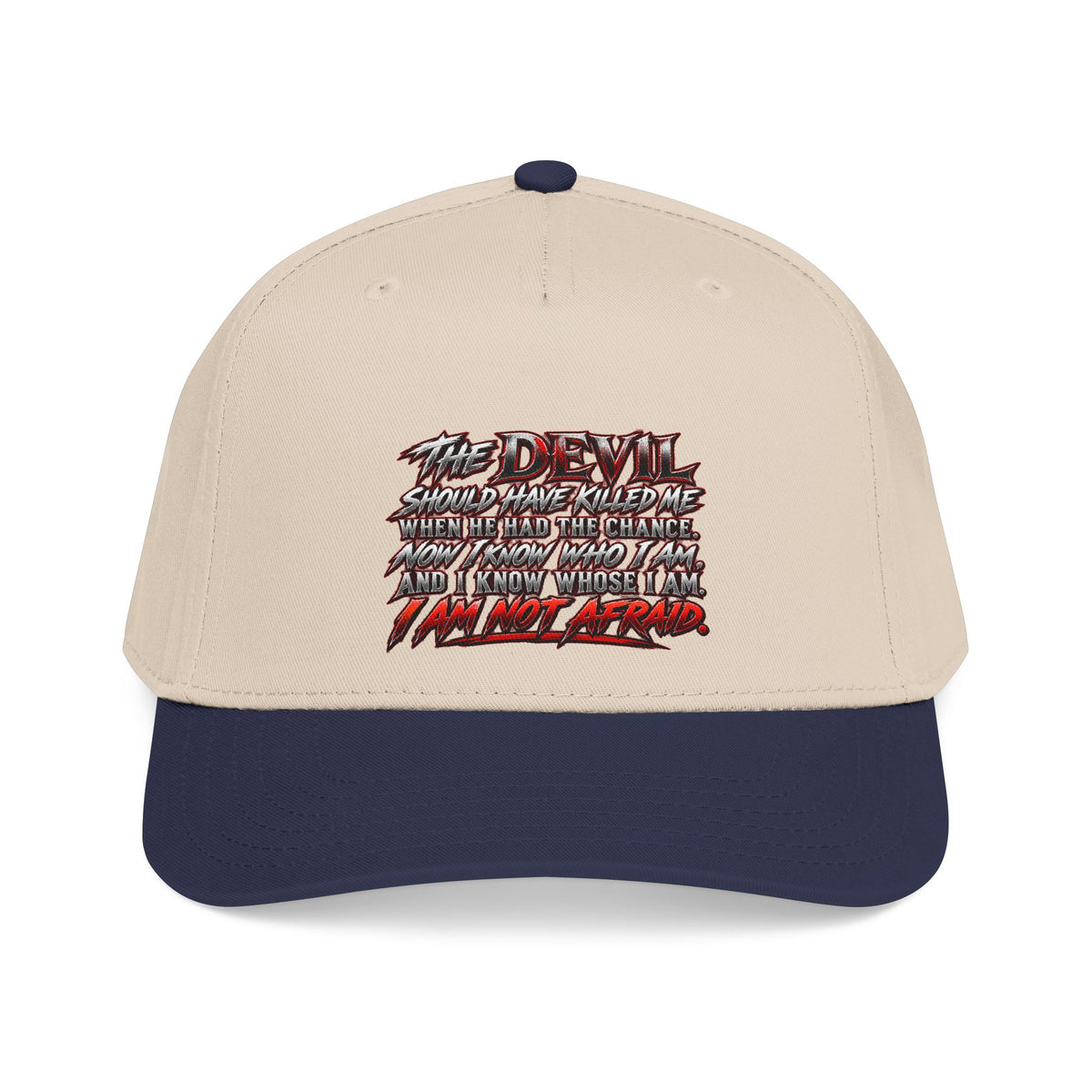 Devil Quote Baseball Cap — Graphic Mid-Profile Hat with Distressed Red Text
