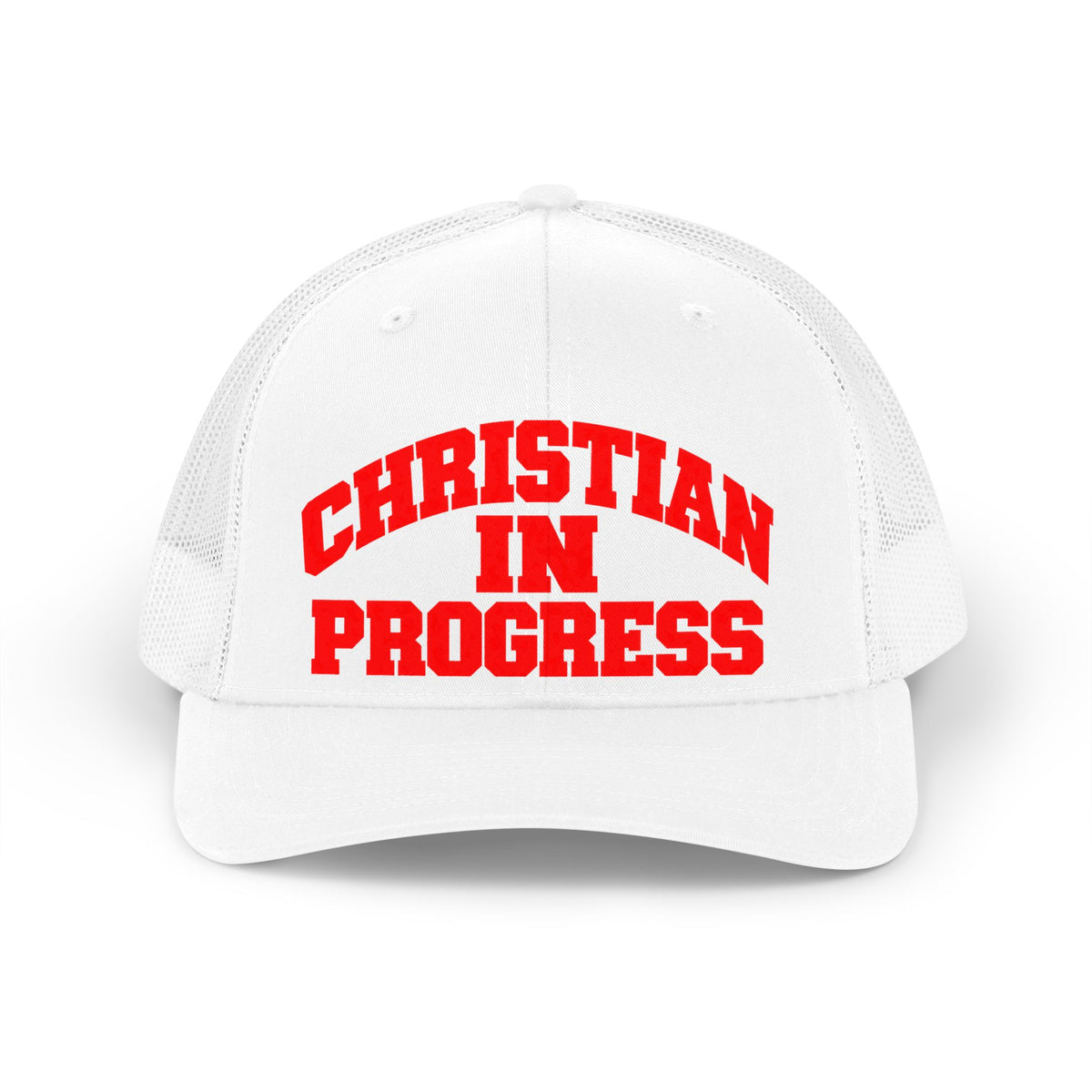 Christian In Progress Trucker Hat — Retro Faith Mesh Cap