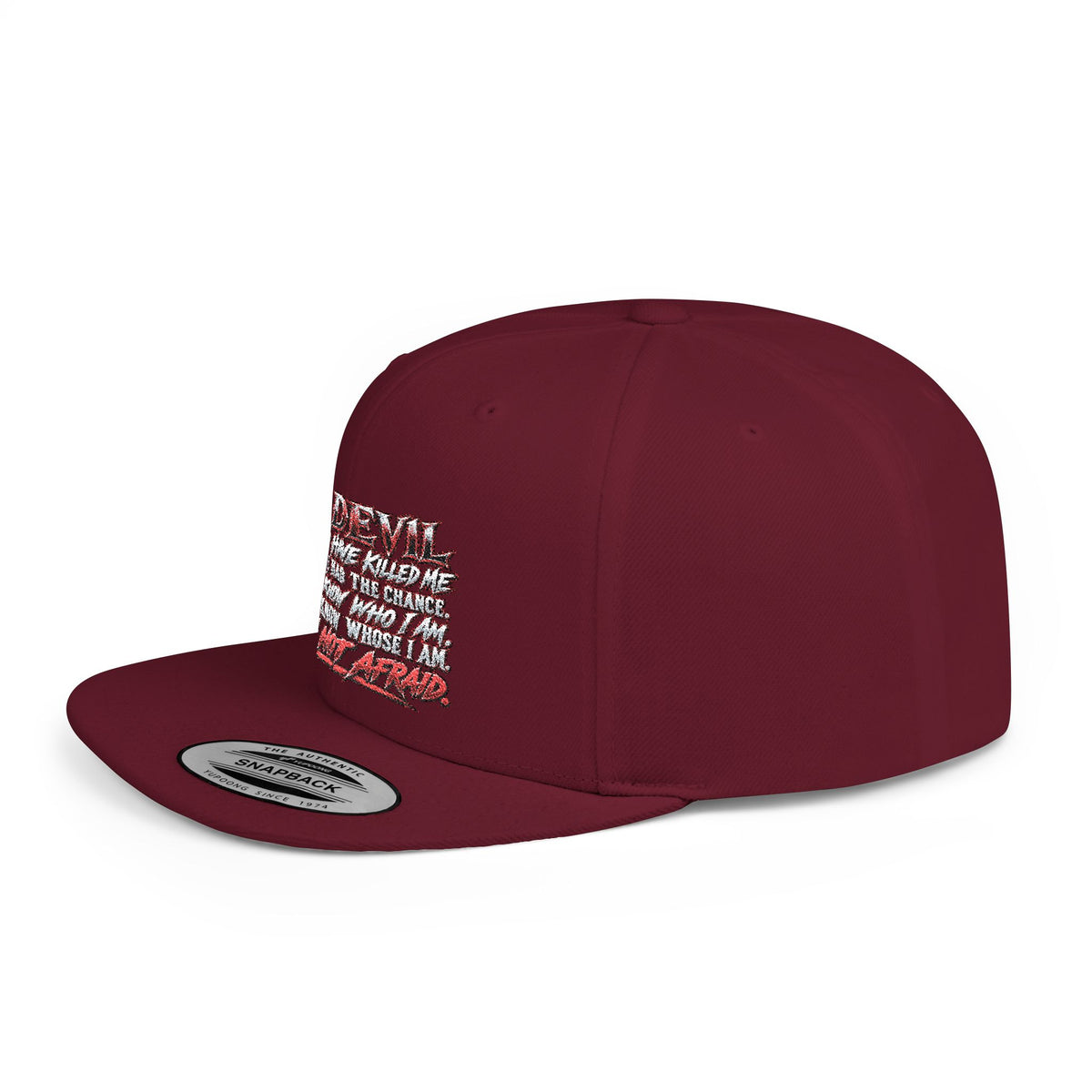 Flat Bill Snapback Hat — White Graphic 'The Devil' Script Streetwear Cap