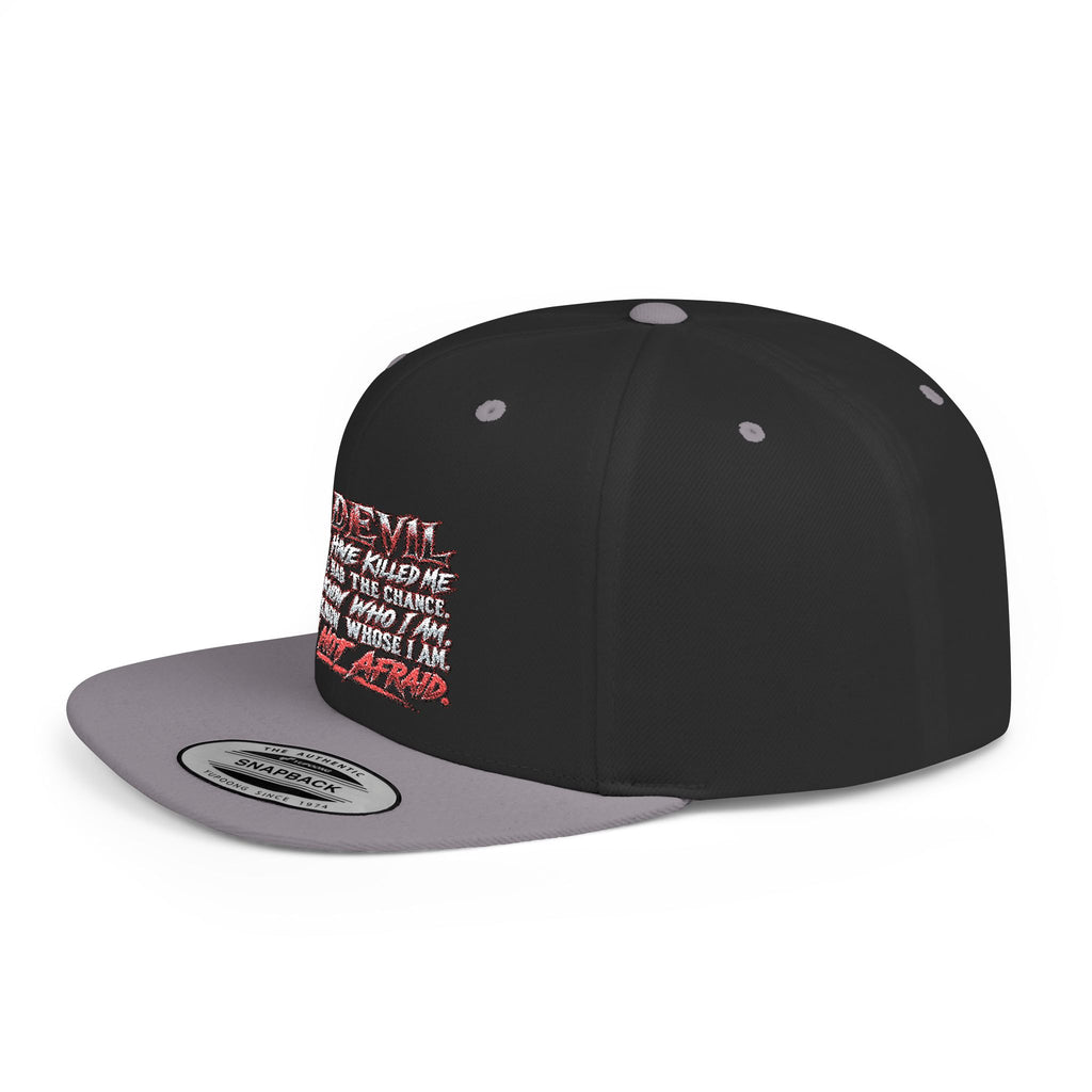 Flat Bill Snapback Hat — White Graphic 'The Devil' Script Streetwear Cap