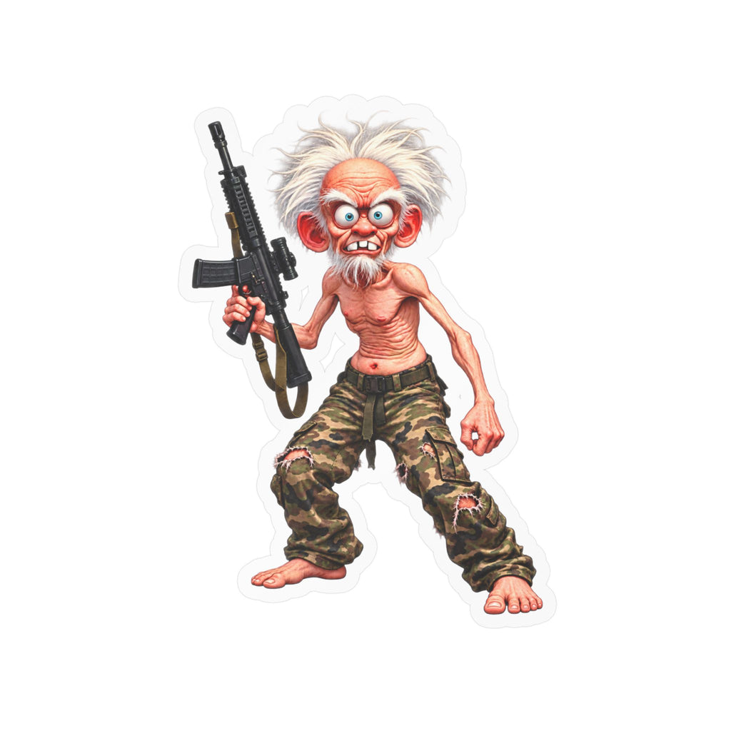 Grizzled Soldier Cartoon Sticker — Kiss-Cut Vinyl Decal of Wild Elder with Rifle