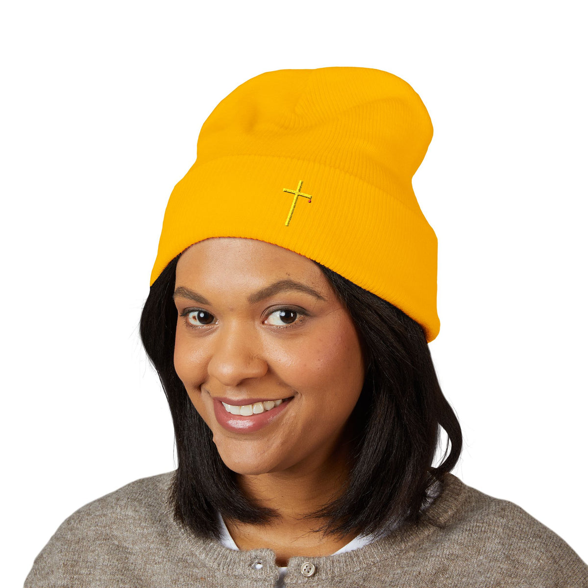 Embroidered Gold Cross Cuffed Beanie — Minimal Faith Winter Hat