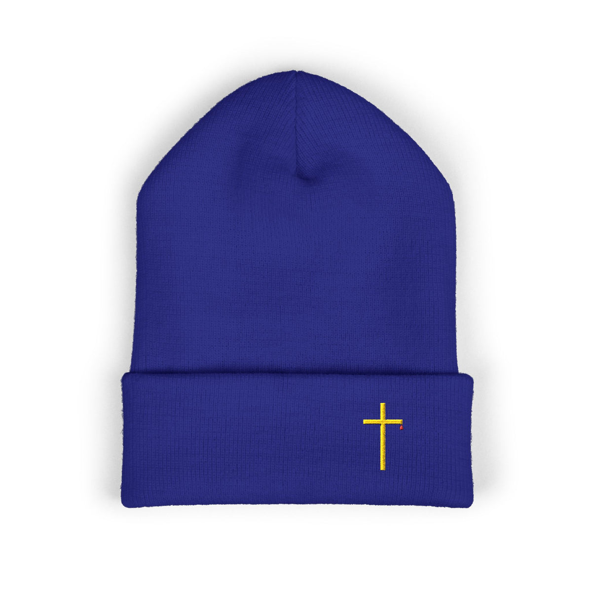 Embroidered Gold Cross Cuffed Beanie — Minimal Faith Winter Hat