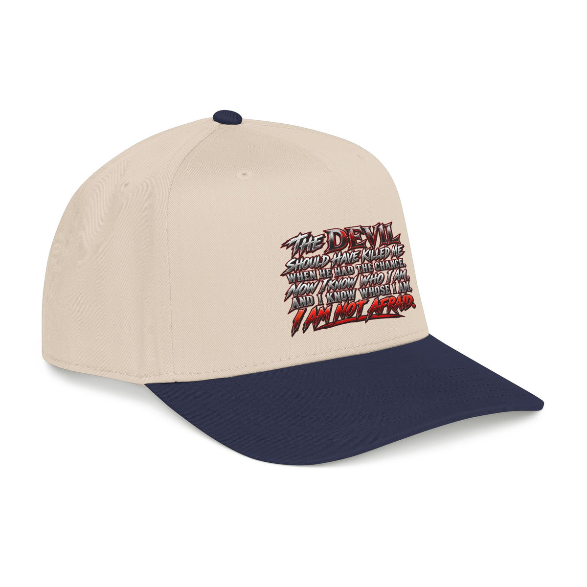 Devil Quote Baseball Cap — Graphic Mid-Profile Hat with Distressed Red Text