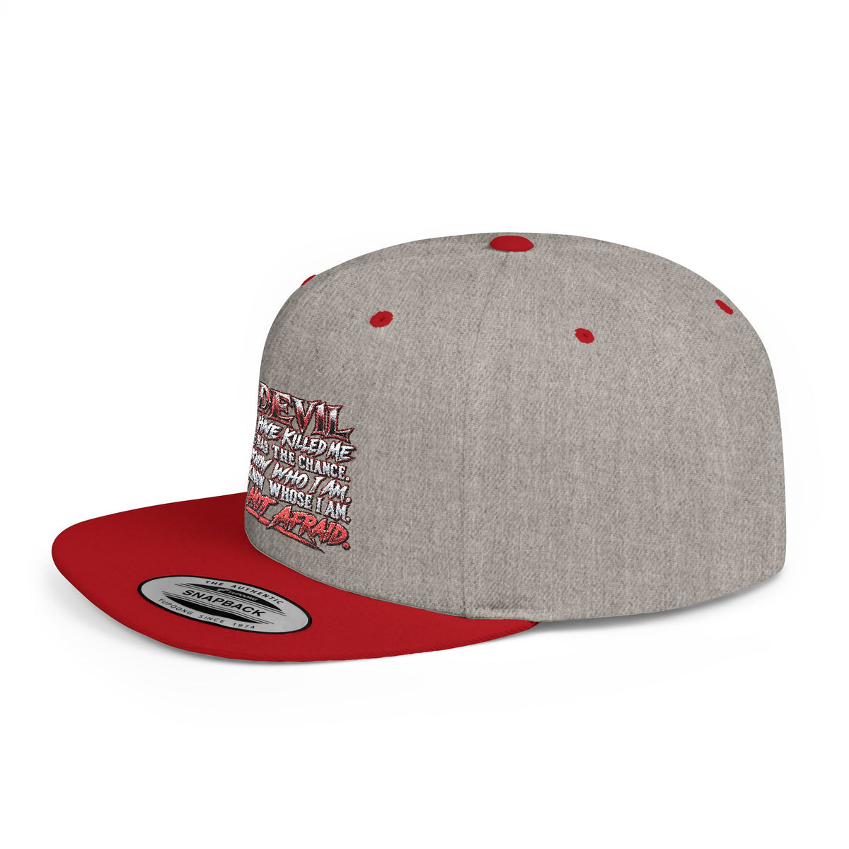Flat Bill Snapback Hat — White Graphic 'The Devil' Script Streetwear Cap