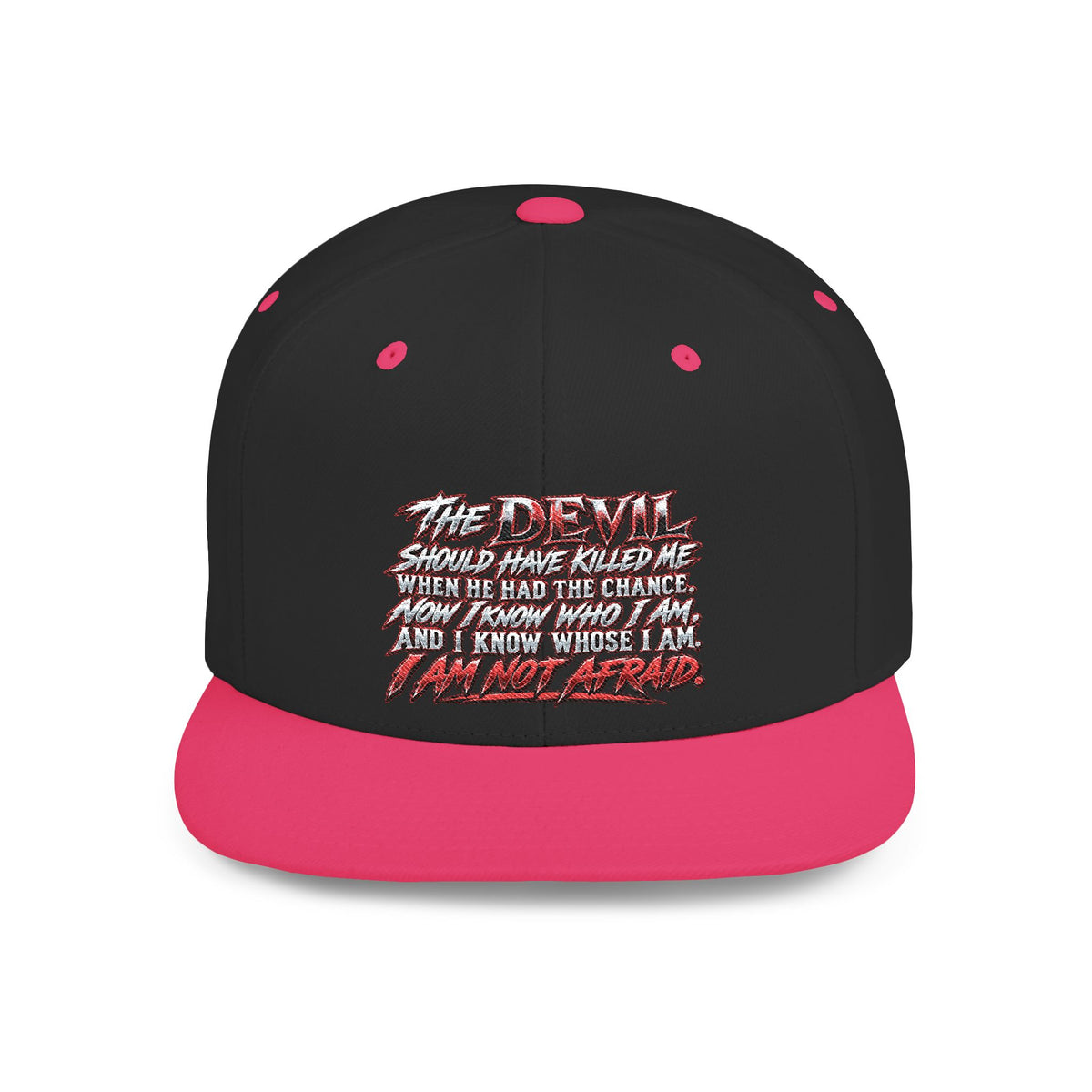 Flat Bill Snapback Hat — White Graphic 'The Devil' Script Streetwear Cap
