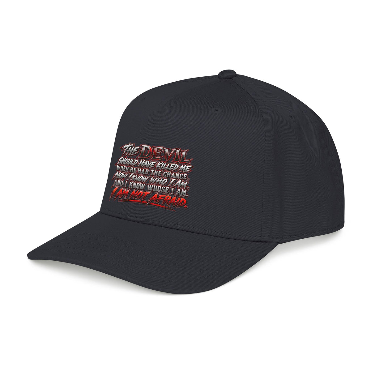 Devil Quote Baseball Cap — Graphic Mid-Profile Hat with Distressed Red Text