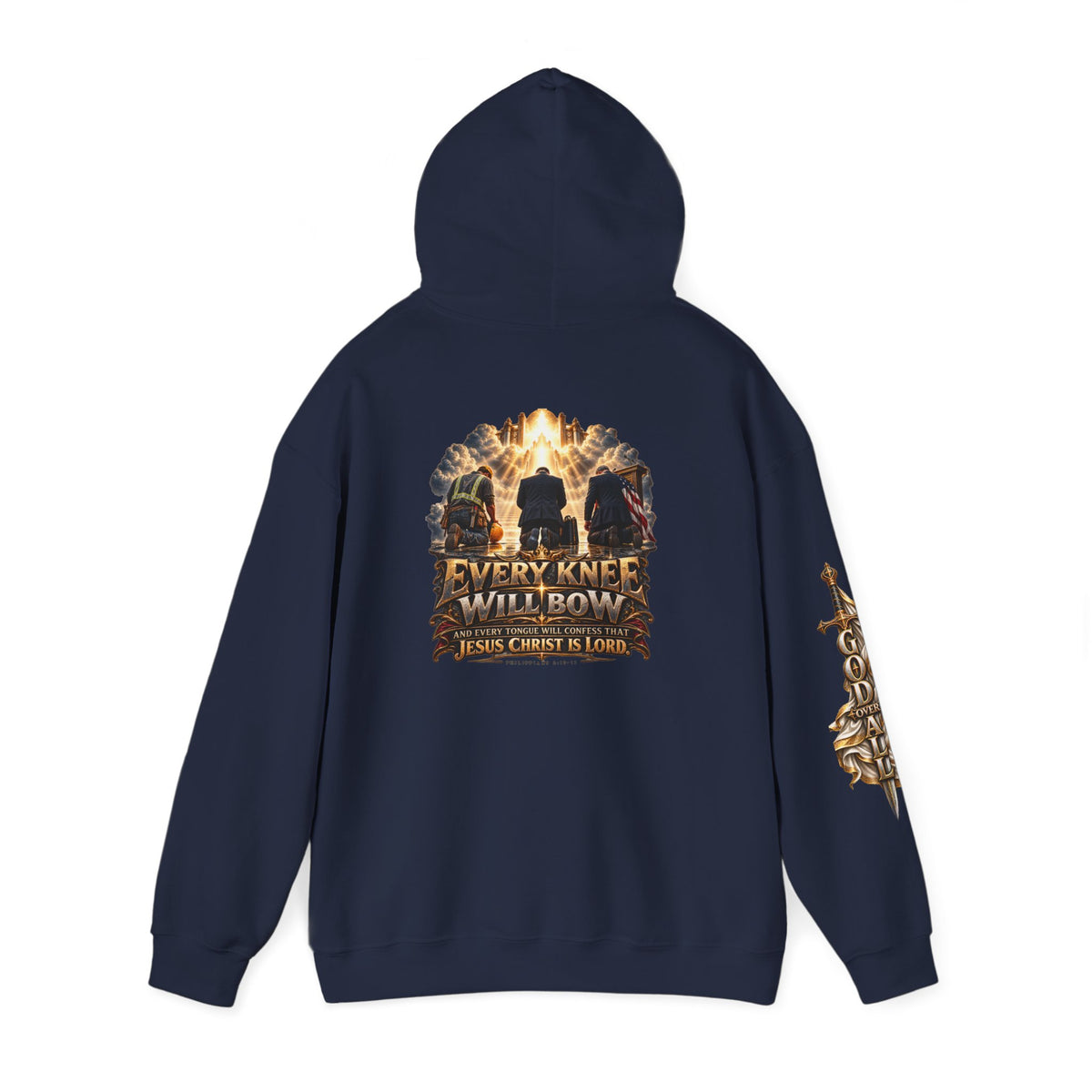 Religious Hoodie — “Every Knee Will Bow / One God, One Salvation” Christian Pullover