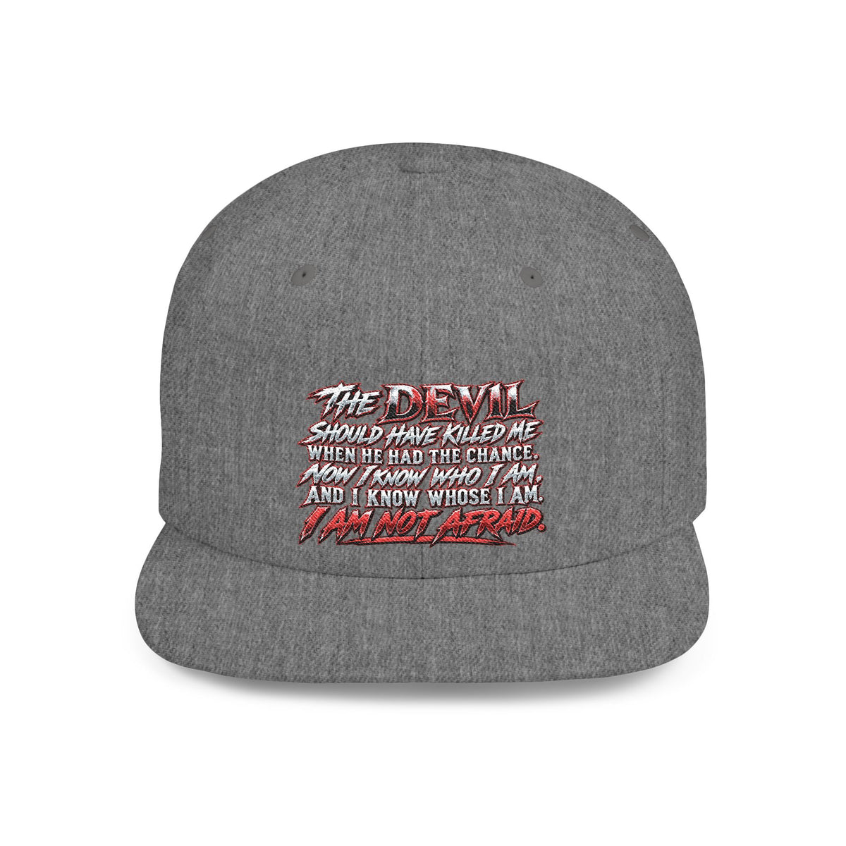 Flat Bill Snapback Hat — White Graphic 'The Devil' Script Streetwear Cap