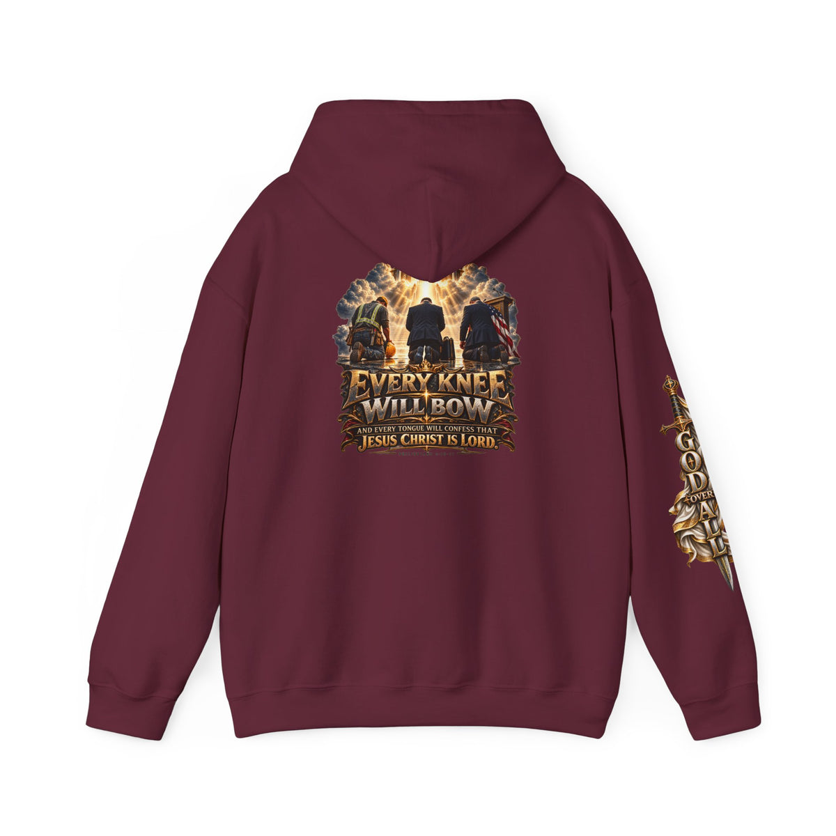 Religious Hoodie — “Every Knee Will Bow / One God, One Salvation” Christian Pullover