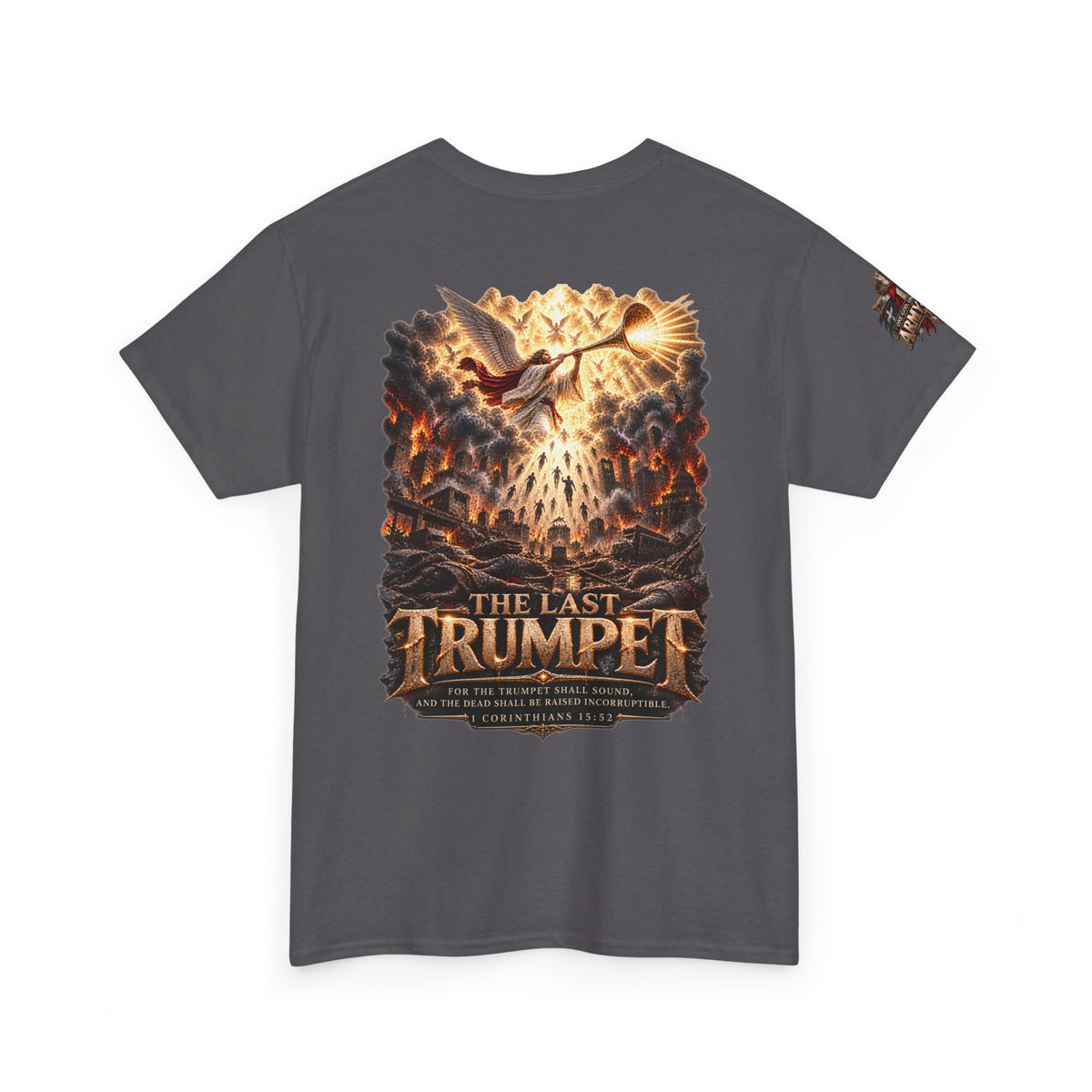 The Last Trumpet Christian T-Shirt — Chest Cross and Sleeve Patch
