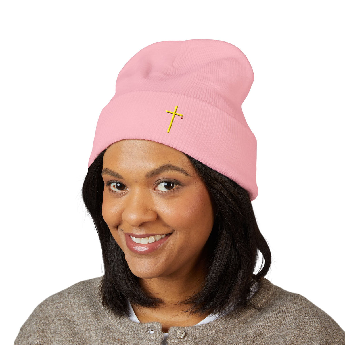 Embroidered Gold Cross Cuffed Beanie — Minimal Faith Winter Hat