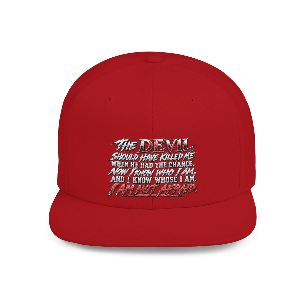 Flat Bill Snapback Hat — White Graphic 'The Devil' Script Streetwear Cap