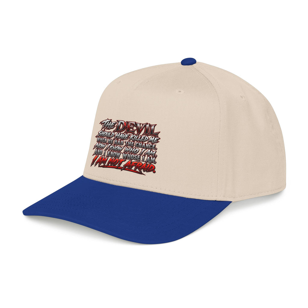 Devil Quote Baseball Cap — Graphic Mid-Profile Hat with Distressed Red Text