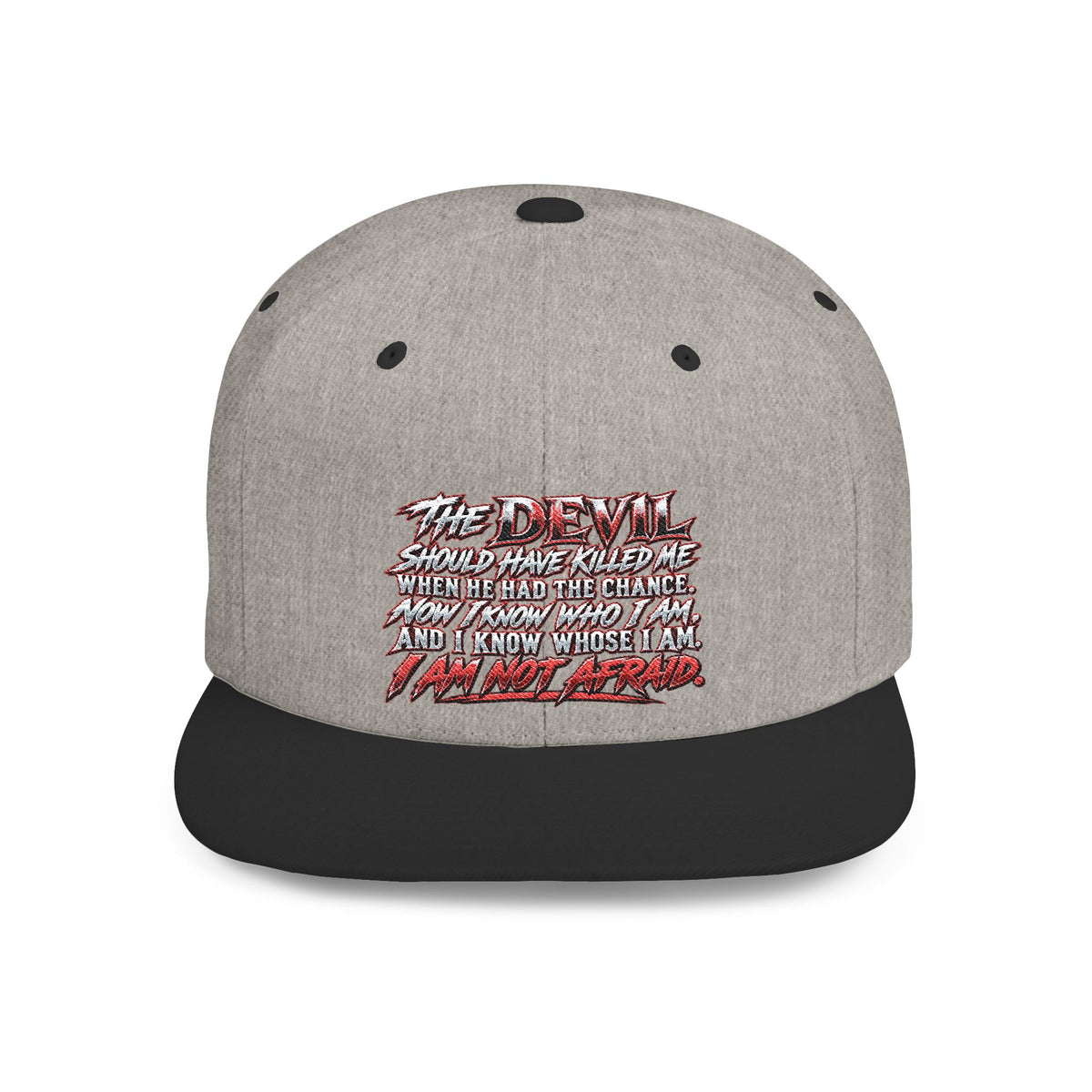 Flat Bill Snapback Hat — White Graphic 'The Devil' Script Streetwear Cap