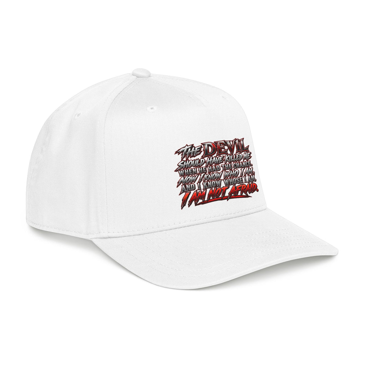 Devil Quote Baseball Cap — Graphic Mid-Profile Hat with Distressed Red Text