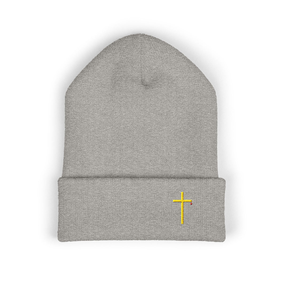 Embroidered Gold Cross Cuffed Beanie — Minimal Faith Winter Hat