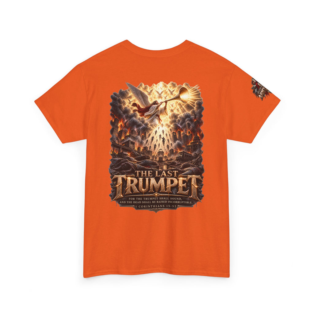 The Last Trumpet Christian T-Shirt — Chest Cross and Sleeve Patch