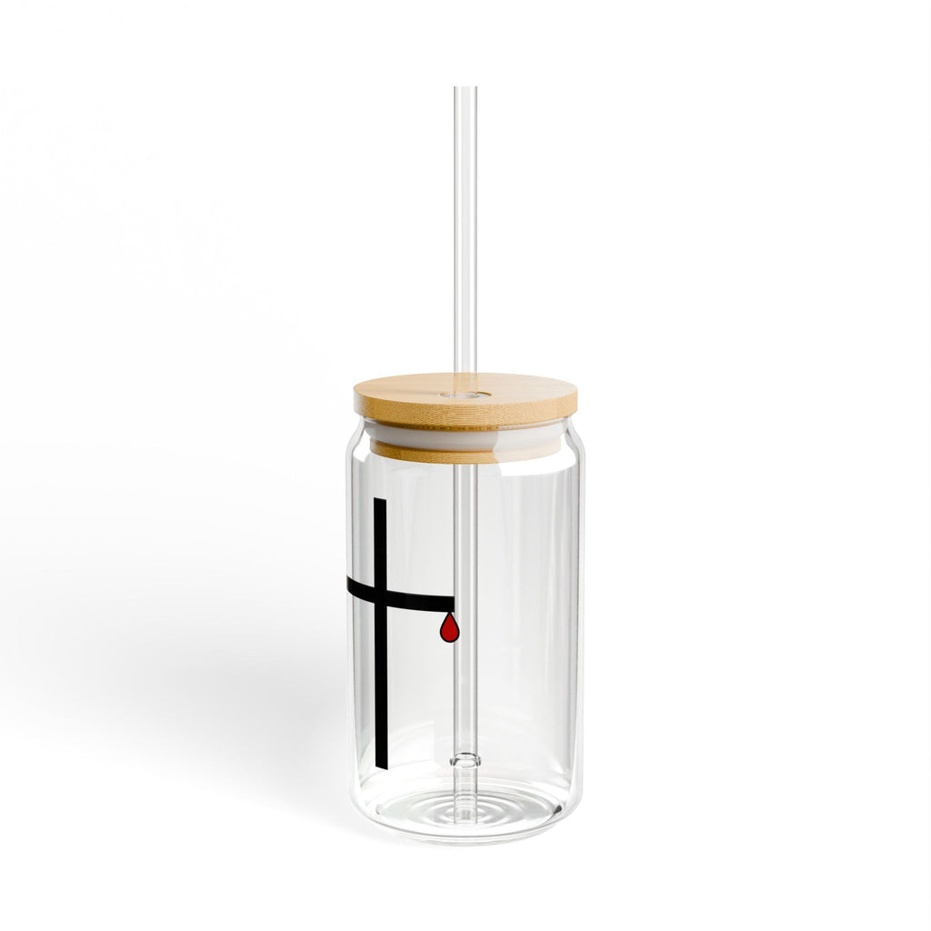 Minimalist Black Cross with Red Teardrop Sipper Glass