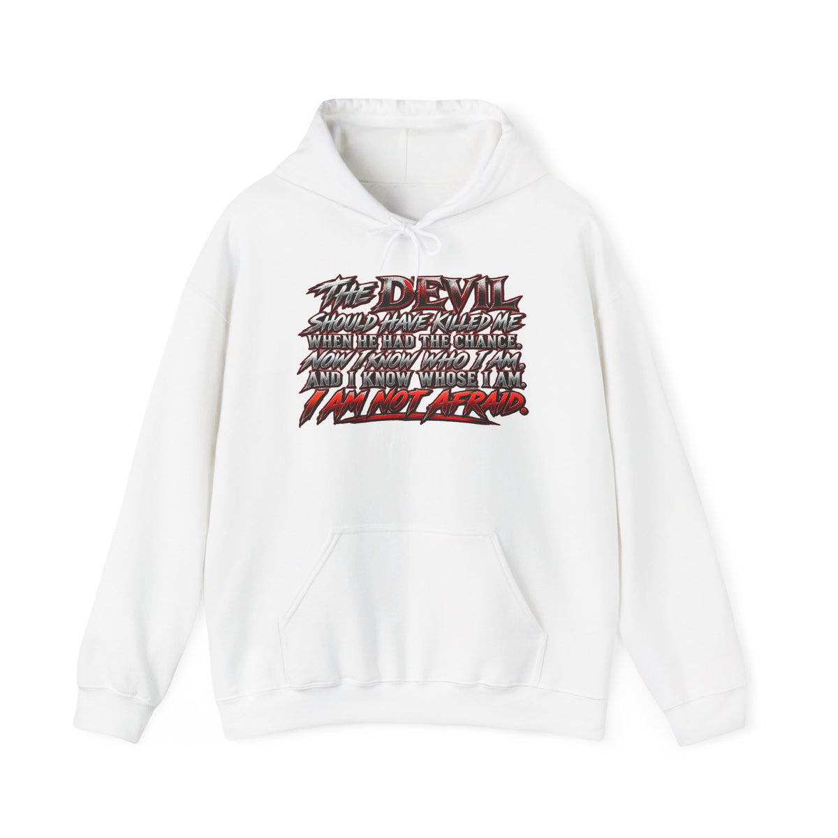 Devil Quote Graphic Hoodie — Gothic Script White Pullover