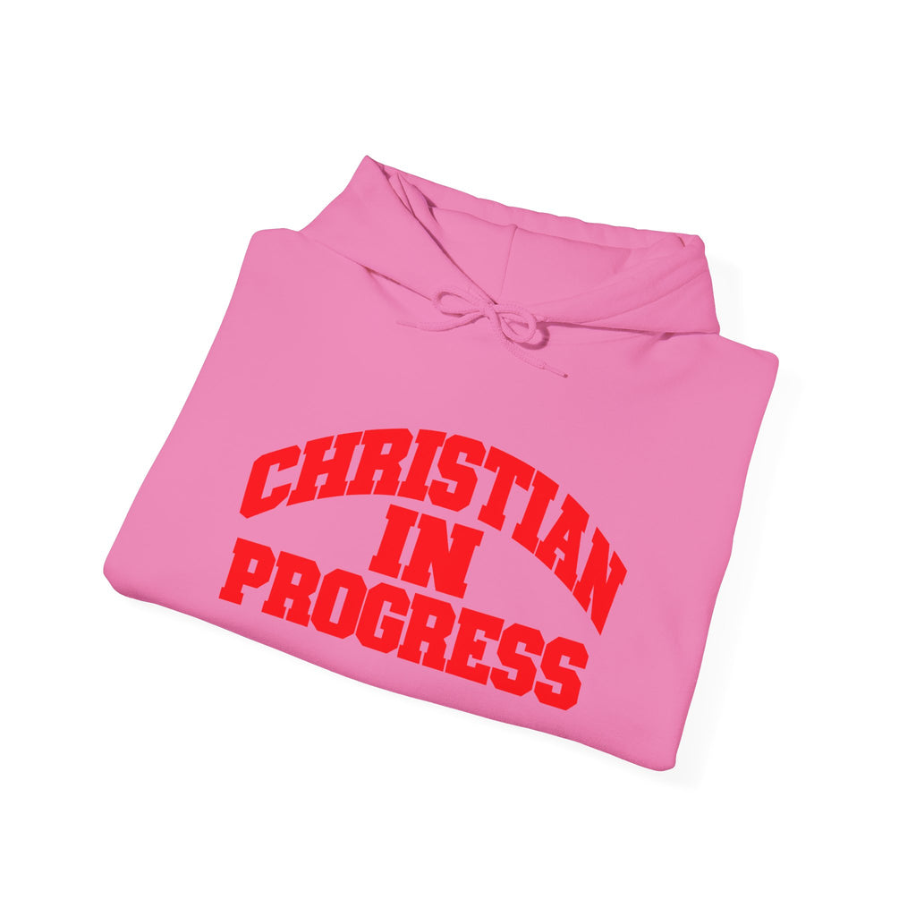 Christian in Progress hoodie | Faith graphic sweatshirt, colorful back print