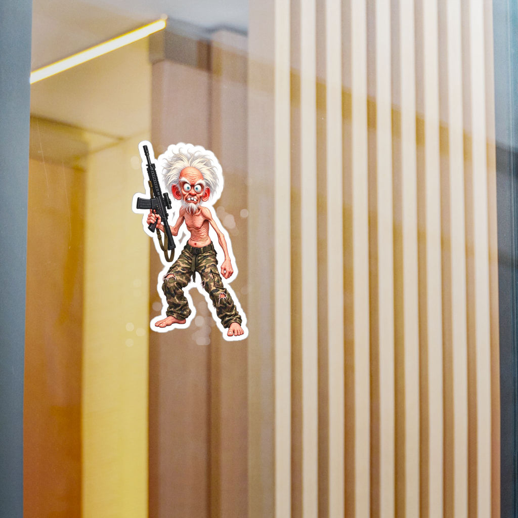 Grizzled Soldier Cartoon Sticker — Kiss-Cut Vinyl Decal of Wild Elder with Rifle