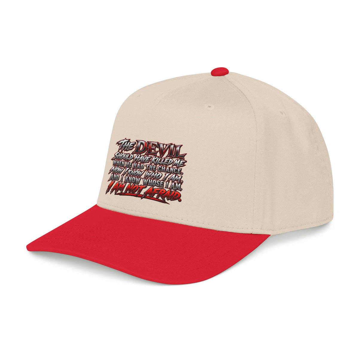 Devil Quote Baseball Cap — Graphic Mid-Profile Hat with Distressed Red Text